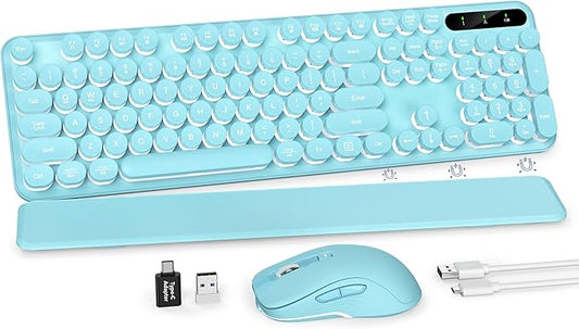Wireless Keyboard and Mouse Combo, Backlit Round Keycaps, Retro Typewriter Keyboard with Detachable Wrist Rest, Rechargeable & Tilt Legs, 2.4GHz Cordless Connection for Windows/PC (Glowing Turquoise)