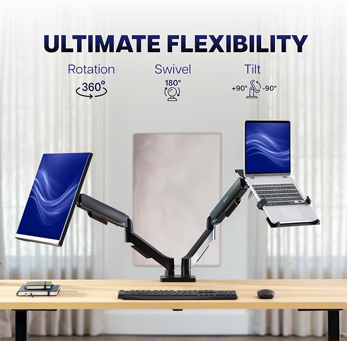 VIVO Universal Adjustable Monitor and Laptop Desk Mount, 17 to 32 inch Monitors, 10 to 15.6 inch Laptops, Dual Mechanical Arm VESA Notebook Stand with C-clamp and Grommet Options, Black, STAND-V002O-L