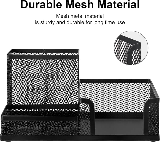 Comix Mesh Pen Holder, Desk Organizer for Home Office, Black | 3 Compartment Pencil Holder, Sticky Notes Holder, Pen Organizer Office Supplies