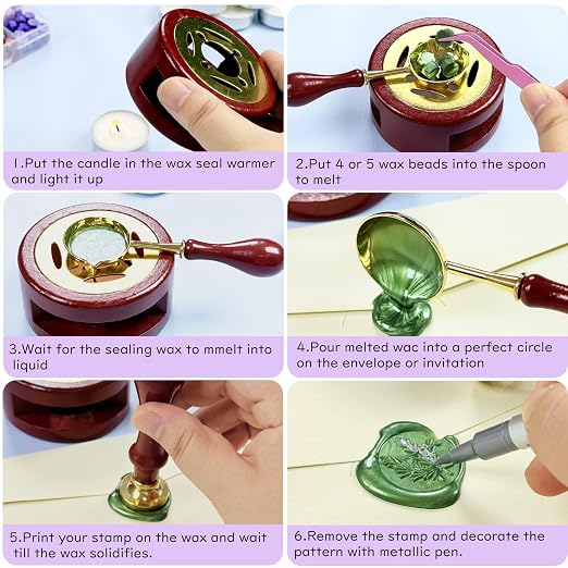 Xitalia Wax Seal Kit, 624 Pcs 24 Colors Sealing Beads, 1 Pcs Stamp,Sealing Wax Warmer,Spoon,Mat,Metallic Pen, 10Pcs Envelope, 8Pcs Tea Candles for Wedding Birthday Gift and DIY Craft