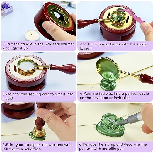 Wax Seal Kit, 624 Pcs 24 Colors Sealing Beads, 1 Pcs Stamp,Sealing Wax Warmer,Spoon,Mat,Metallic Pen, 10Pcs Envelope, 8Pcs Tea Candles for Wedding Birthday Gift and DIY Craft