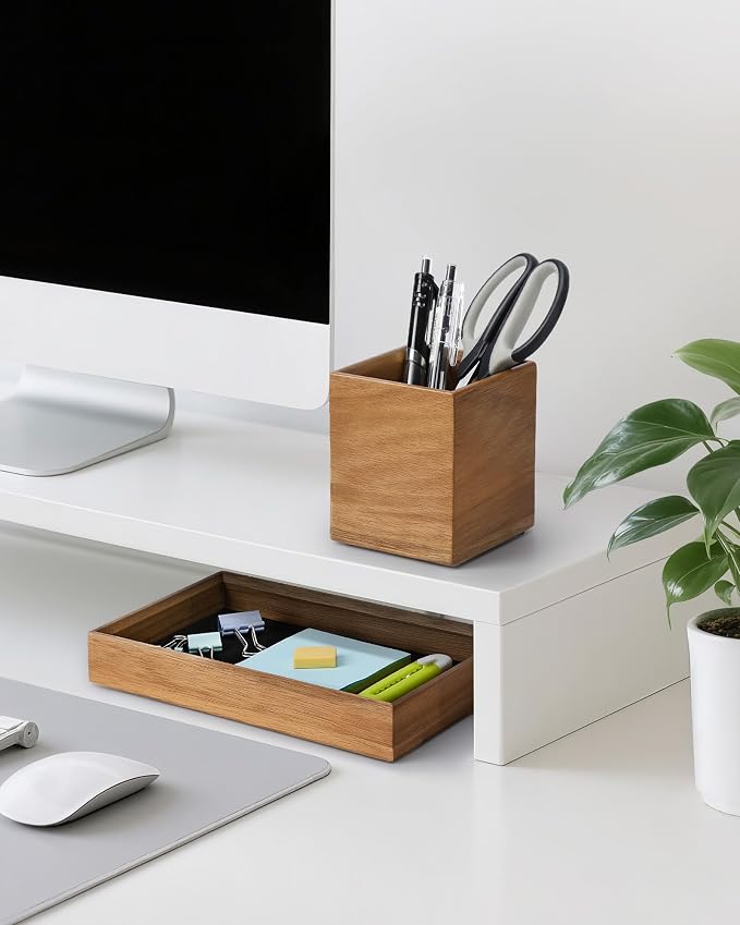 HULISEN Wooden Desk Organizer Tray, Pencil Holder with Felt Lining | Non-Slip Desk Tray Set, Pen Storage Compartment, Space-Saving Design, Desktop Accessory for Room Office & Workspace