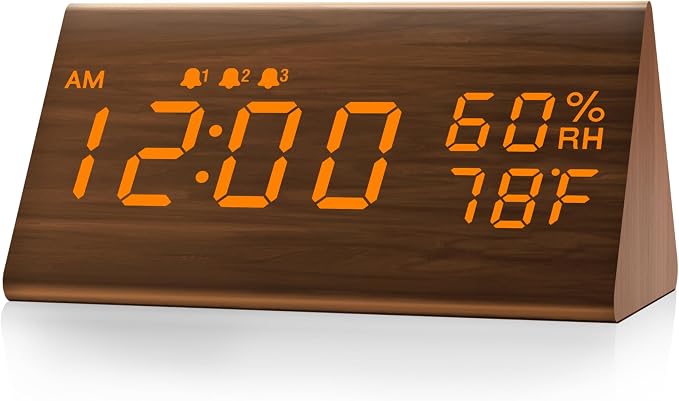 JALL Wooden Digital Alarm Clock for Bedrooms and Office, 3 Alarms with Big Digits, Humidity and Temperature Display, 6-Level Dimmer, Snooze, Loud Desk Clock for Heavy Sleepers, Plug in (Brown)