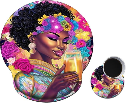 Mouse Pad with Wrist Support Gel, Ergonomic Mouse Pad with Comfortable Wrist Rest, Gaming Mousepad Non-Slip PU Base for Laptop Office Easy Typing & Pain Relief,African American Girl