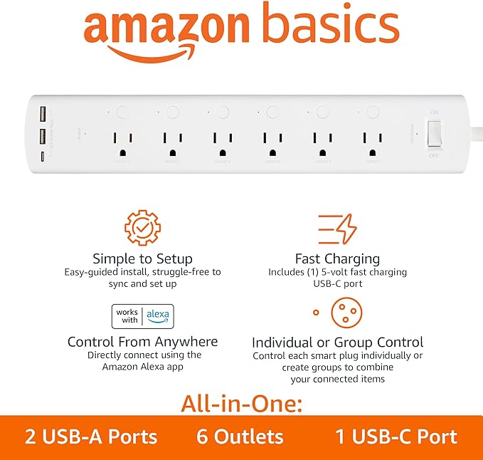 Amazon Basics Smart Plug Power Strip with 6 Individually Controlled Outlets and 3 USB Ports (2 USB-A and 1 USB-C), WiFi, Works with Alexa Only, 2.4 GHz, No Hub Required, White