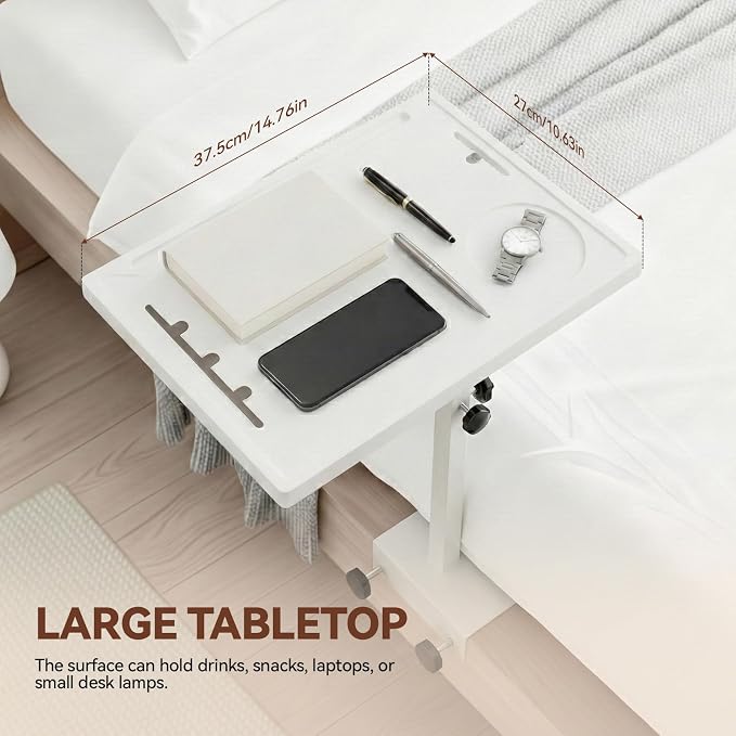 Bedside Shelf Rotating Foldable Tray:Height-Adjustable Clip On Bed Side Tray Table, Tray Table with Sturdy Metal Pole,Fits Bed Frames 0.7"-2.7" Wide for Dorms, Apartments, Bedrooms,Dorm Essentials