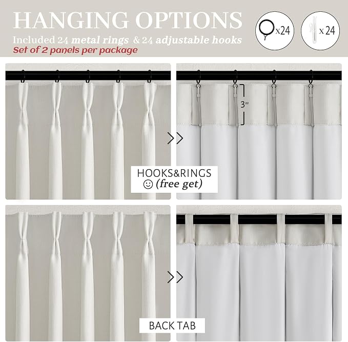 70 Inch Extra Wide Pinch Pleated Dual Layer Linen Living Room Curtains 102 Inches Long 2 Panels Set, Memory Trained Beige White Blackout Insulated Curtain with Back Tab Sliding Glass Door Viral Drapes
