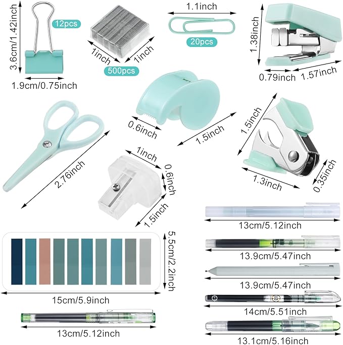 Colarr Mini Office Supply Kit Include Stapler Tape Dispenser Staple Remover Paper Clip Scissor Staple Pen Sharpener Note Small Telescopic Knife for Office Back to School Supplies Student Clerk(Green)