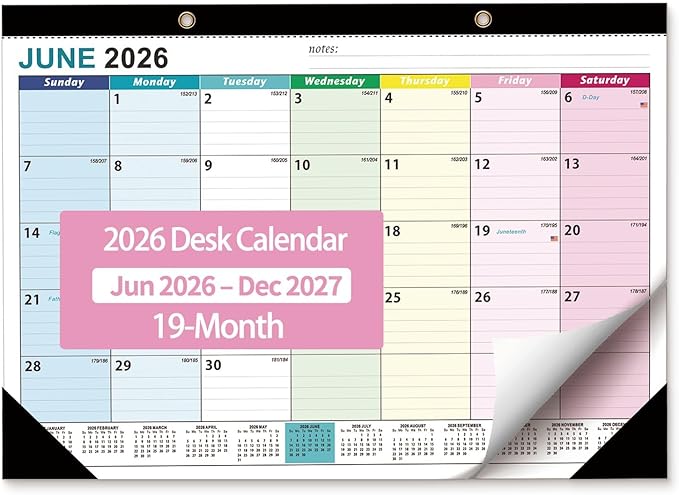 Desk Calendar 2026-2027 - Ougesi 19 Month Desk Top Calendar June 2026 - Dec 2027,17x12 Academic Desk Calendar with Thick Paper, Large Blocks for Home & Office (Colorful)