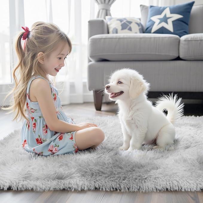 Area Rugs 10x14 Living Room, Shaggy Carpet Soft Plush Furry Bedside Rug Large Area Rugs for Bedroom Home Decor Anti Slip(10 x 14, Light Grey Tie-Dyed)