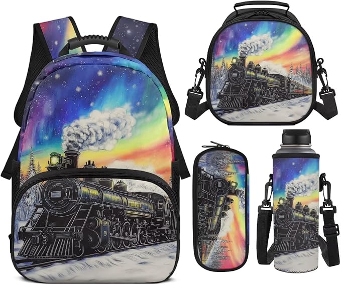 Steam Train 4-in-1 Backpack Set for Elementary Boys Girls – 17 Inch Cute Bookbag with Lunch Bag for Kids Ages 6-10 - Rainbow Starry Backpacks Back to School Supplies