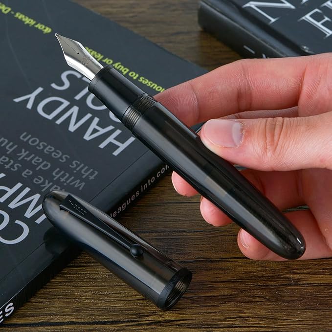 Jinhao 9019 Fountain Pen Dadao Series Transparent Matte Black Acrylic Silver Trim #8 Extra Fine Point with Large Converter