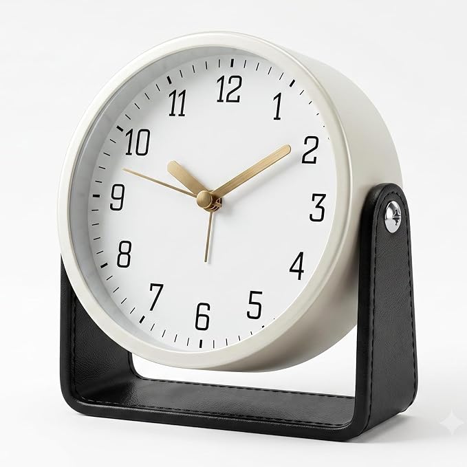Analog Alarm Clock - 4.5" Silent Non Ticking Small Clock with Light, Rotatable Stand Metal Desk Clock Battery Operated, Simple Design for Living Room Decor/ Bedroom/Bedside/Shelf (Black & White)