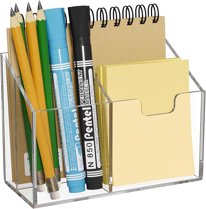 AITEE Magnetic Pen Holder for Refrigerator, Whiteboard & Locker (Small) | acrylic, 3-magnet organizer, non-slip pads, holds markers, pens, scissors, notes, accessory for office, classroom, kitchen