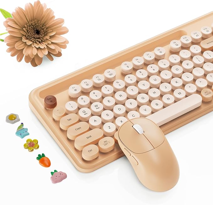 Wireless Keyboard and Mouse Combo, Retro Round Keycaps, Full-Size Typewriter Keyboard with Phone/Tablet Holder, Ergonomic Mouse with 3-Level DPI, 2.4GHz Connection for Windows/PC (Beige Colorful)