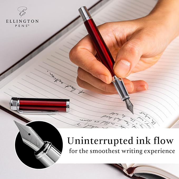 Ellington Pens Luxury Fountain Pen Set - Smooth Medium Nib- Includes 3 Ink Cartridges, Refillable Ink Converter, Gift Box- Fountain Pens For Writing, Calligraphy, Journaling, Sketching (Scarlet Slate)