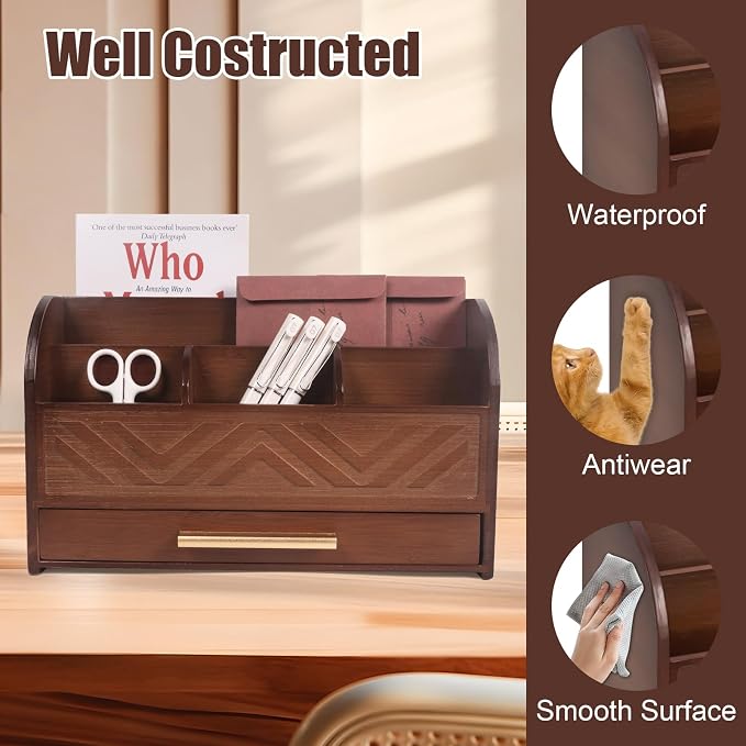 Brown Desktop Organizer with Drawer Storage, White Desk Organizer Mail Holder Mail Organizer Countertop Pen Holder Letter Sorter Make up Organizer for School Home Office Supplies