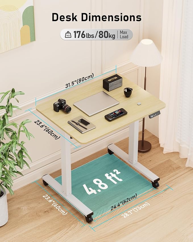 32" Small Rolling Electric Standing Desk Adjustable Height for Home Office | Mobile Sit Stand up Desk with Lockable Casters for Computer Workstation, Memory Preset, 2 Hooks, White Frame/LightWalnut Top