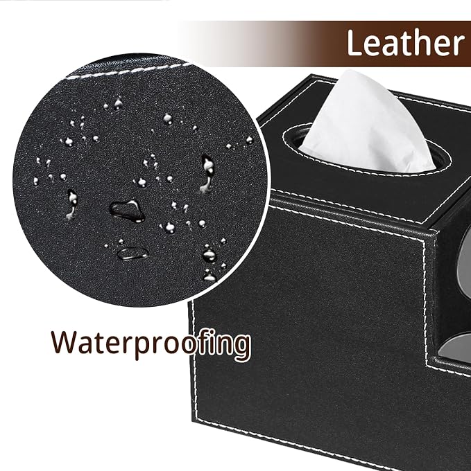 PU Leather Square Tissue Box Cover,Multi-Functional Tissue Cube Box Holder | Facial Tissue Box Cover with Storage,Tissue and Remote Control Holder,Cube Tissue Box Organizer Bedroom,Nightstand,End Table