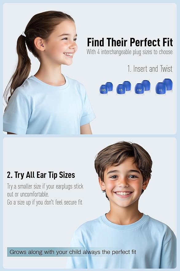 Kids Ear Plugs (6-12 yrs) - Reusable Noise Relief Earplugs for Focus, Travel, Concerts, Socializing, Sports Events, Noise Sensitivity - 8 Ear Tips in XS/S/M/L,BURD