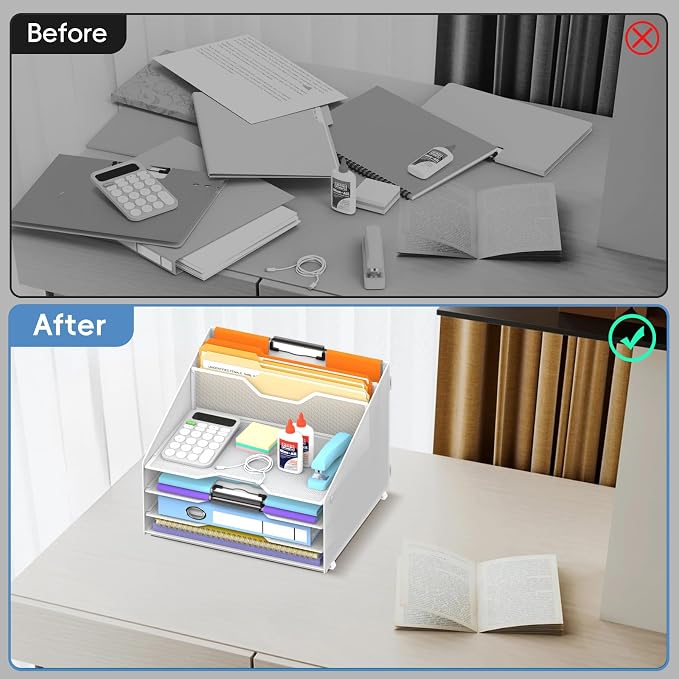 Desk File Organizer, 4 Letter Trays and 2 Upright Sections, White | Paper Organizer for Desk with Tiered Letter Trays and Vertical File Holders for Home Office, School and Workspace Use