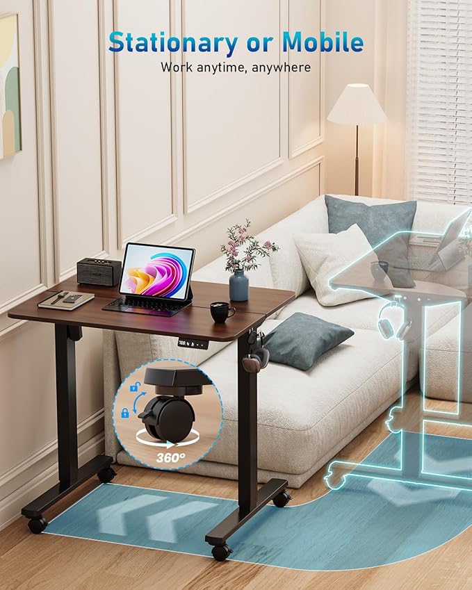 32" Small Electric Rolling Standing Desk Adjustable Height, Mobile Sit Stand up Desk with Lockable Casters for Home Office & Computer Workstation, Splice Board, 2 Hooks, Black Frame/Walnut Top