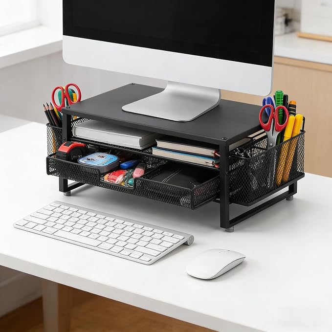 2-Tier Monitor Stand with Drawer, Laptop Stand with Storage for Desk, Heavy Duty Iron Computer Stand Riser & Desk Organizer with Drawers, Home Office Mesh Shelf for Monitor up to 32 Inch (Black)