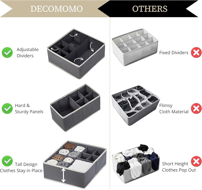 DECOMOMO Adjustable Drawer Organizer Clothes, 12 Pack Drawer Dividers | Fabric Storage Bins, Baby Dresser Organizer for Nursery, Underwear, Bra, Socks (Grey)