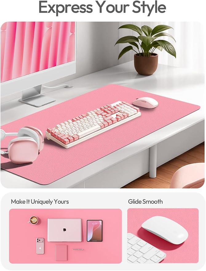 YSAGi Leather Desk Pad Protector, Large Mouse Pad, Non-Slip PU Leather Desk Blotter, Laptop Desk Pad/Mat, Waterproof Writing Pad for Office and Home (23.6" x 13.8", Pink)