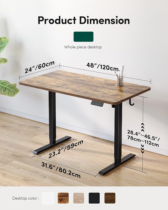 CubiCubi 48 x 28 Inch Large One-Piece Standing Desk, Adjustable Height Electric Computer Home Office Sit Stand up Whole Board Workstation, with Memory Presets, Headphone Hook, Vintage Brown