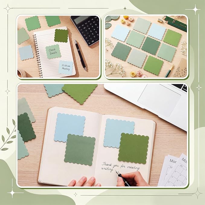 Epakh 10 Pack Scalloped Sticky Notes Bulk 3"x3" Cute Aesthetic Memo Pads 5 Gradient Colors Wavy Self Notepads for Office Study and Daily Life Organization, 300 Sheets(Green)