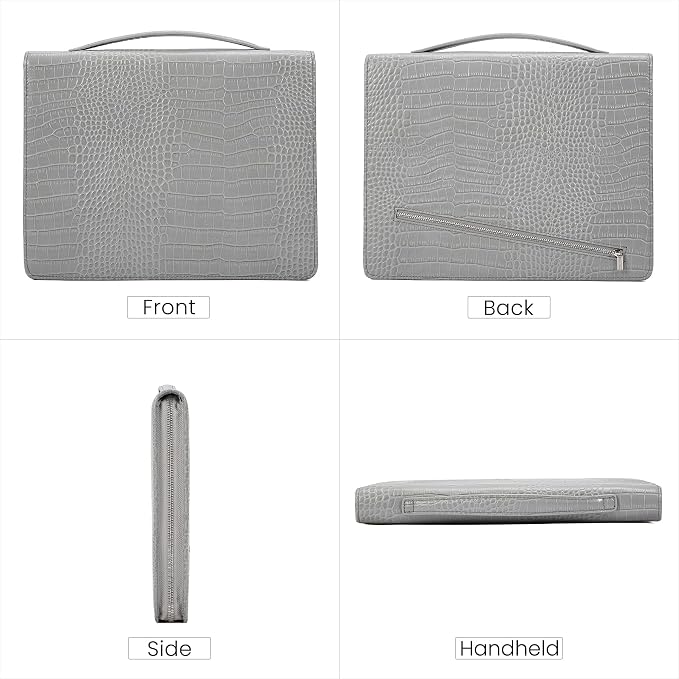 Professional Grey Leather Padfolio with Handle, 13-inch Tablet Holder Portfolio Binder, Minimalist Business Interview Folder, Croc-Pattern Zippered Document Organizer for Men Women