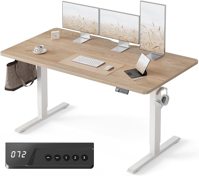 FEZIBO Standing Desk, 63×28 Inches Electric Height Adjustable, Sit Stand Up Table, Computer Office Desk with Splice Board, While Frame/Maple TOP