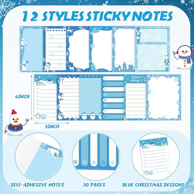 12 Pcs Christmas Sticky Notes Christmas Design Self Adhesive Note Pads Winter Snowflake Sticky Memo Blue Cartoon Snowman Penguin Notepad for Xmas Gift Office Home Supplies Present
