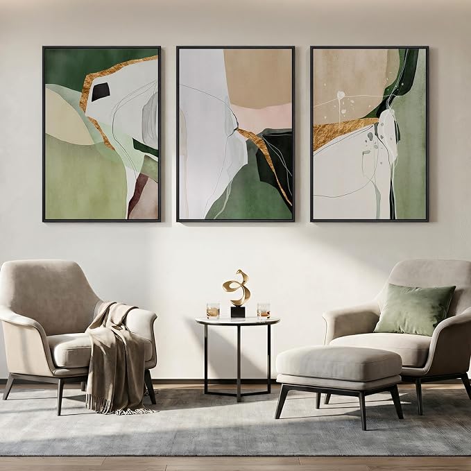 Large Framed Sage Green Abstract Wall Art for Living Room, 3 Piece Modern Canvas Prints Paintings Artwork for Walls, Green Beige Gold Block Pictures Wall Decor for Bedroom Dining Room Office 24x36 In