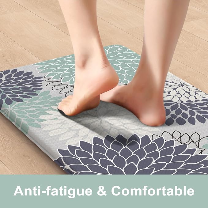 KIMODE Anti Fatigue Kitchen Mat 2PCS Kitchen Mat for Floor Cushioned | 17"x47"+17"x29",Dahlia Floral,Red, Farmhouse Floor Mats set of 2,Non Slip,Waterproof,Comfort Mat for Sink Office Laundry home