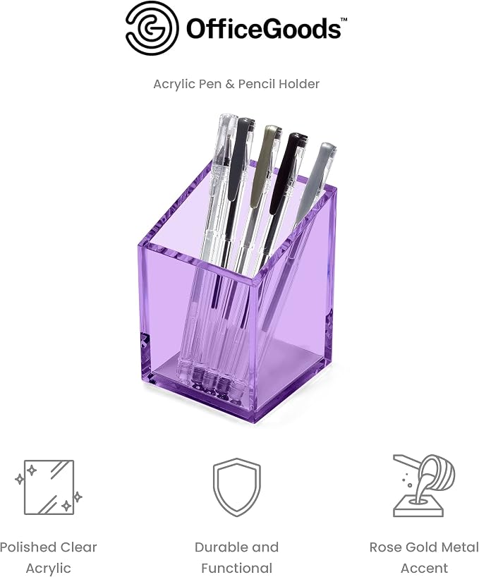 OfficeGoods Acrylic Pen & Pencil Holder - Modern Trapezoid Design - Beautiful Desk Organizer for Home or Office - Contrasting Metal Base - 3" Square w/ 3.5" Front & 4.5" Back - Purple