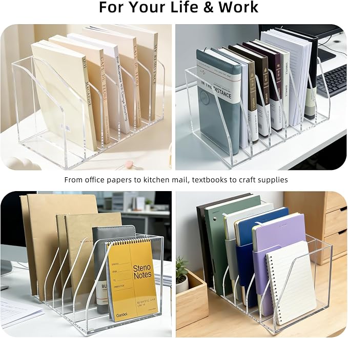 Clear Acrylic Magazine File Holder, 6 Compartment Desk Organizer | 6 spacious vertical compartments hold magazines, files, books & more. 5mm thick clear acrylic, non-slip base. No assembly.