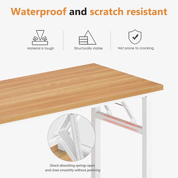 SogesHome 62 Inches Foldable Desk for Home Office, Large Compact Computer Table with Adjustable Leg Pads, No Assembly Needed Folding Writing Conference Desk Gaming Table for Small Spaces, Teak White