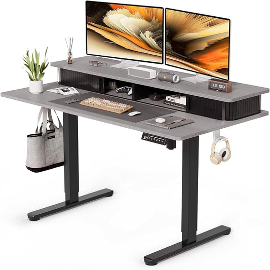 JOY worker 48" Electric Adjustable Standing Desk with Storage Monitor Stand | Grey Computer Desk Height Adjustable with Storage Shelves, Spacious Woskstation, Sit Stand Desk with 2 Hooks for Home Office