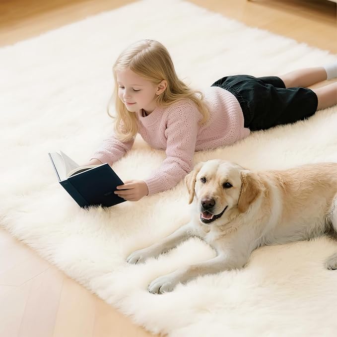 Shag Cream Rug 6x9 Area Rugs for Bedroom Living Room - Non Slip Ultra Soft Large Fluffy Fuzzy Shag Plush Shaggy Furry Rug for Dorm Kids Room Nursery Playroom, Home Office Modern Carpet Decor