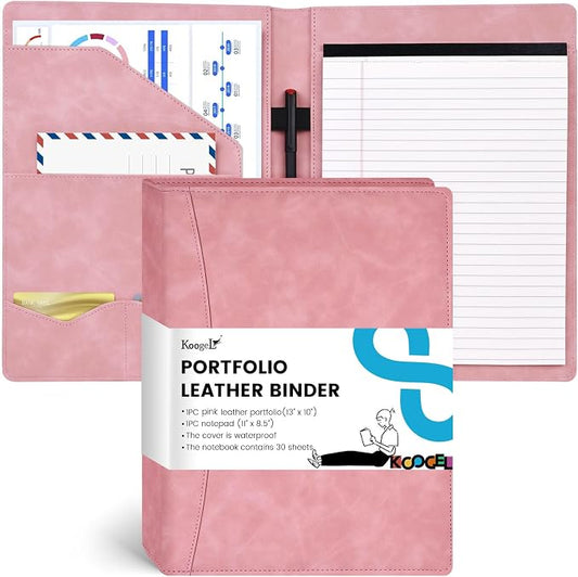 Koogel Padfolio Portfolio Folder, Leather Clipboard Portfolio Binder 13x10 inch Legal Writing Pad for Document Organizer Business Notepad Clip Boards for Women Office School Conference Meeting, Pink