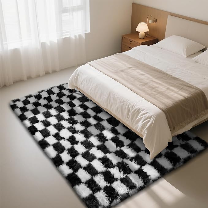 Checkered Rug for Living Room, 6x9 Black and White Area Rugs, Classic Checkered Carpets Shag Area Rug, Bedside Rugs for Living Room Bedroom Room Home Decor