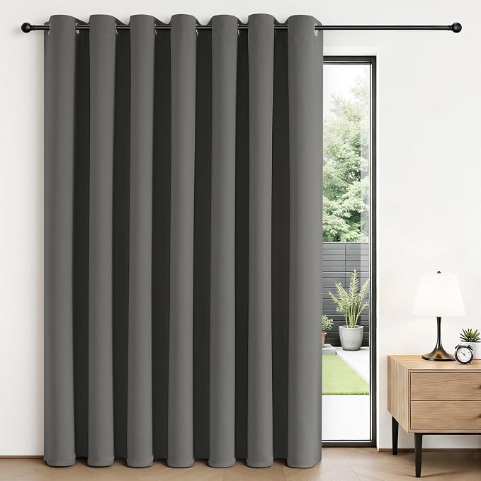 Joydeco Blackout Patio Sliding Door Curtains 108 Inches Long, Grommet Privacy Room Divider Curtains, Extra Wide Thermal Blackout Drapes for Bedroom Living Room (Light Grey, 100Wx108L, 1 Panel)