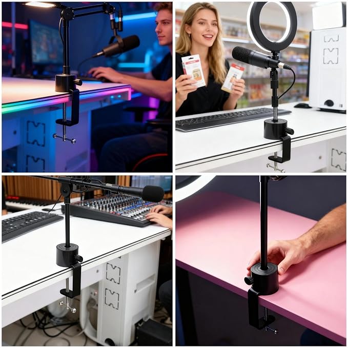 Microphone Stand Table Clamp for Microphone Suspension Boom Scissor Arm Stand Holer, 1/2" Thread Hole Cantilever Bracket Clamp Desk Lamp Clip Fittings Base DIY for Radio Studio Podcast (2)
