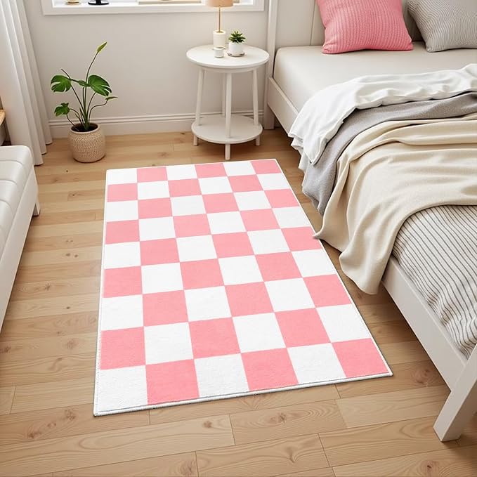 Terrug Pink and White Checkered Rug for Entryway,2x3 Small Area Rugs Washable with Non Slip for Kitchen,Soft Low Pile Retro Carpet for Bedroom Front Door Porch