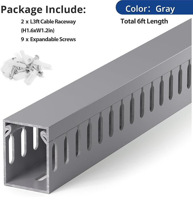 1.6" H x 1.2" W Cable Raceway, 6ft Under Desk Wire Management Channel, Grey | Slotted Wire Duct, 2 Pack (3 ft Each), Heavy-Duty PVC Cable Management for Server Racks, Network Cables & Electrical Cabinets