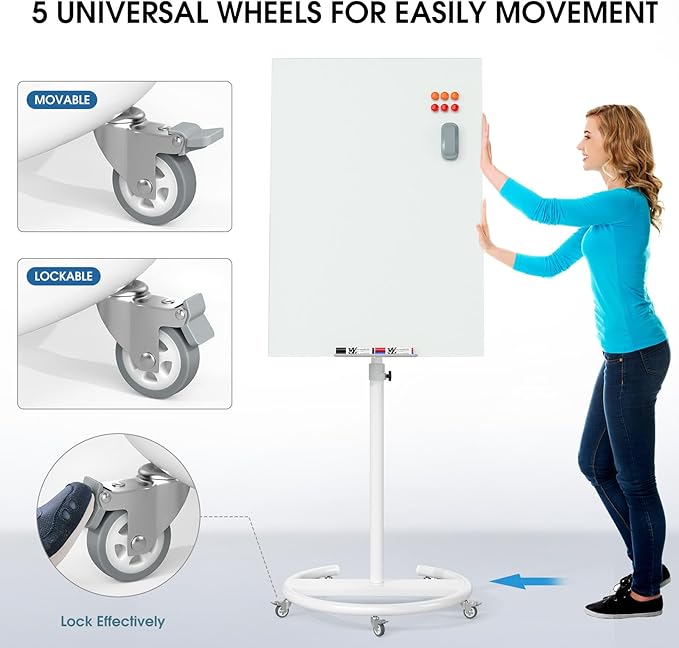 MaxGear Magnetic Glass Mobile White Board, 40" x 28" Adjustable Height | Whiteboard with Stand & Wheels, Portable Dry Erase Easel for Office, Classroom & Home, Includes 4 Markers, 6 Magnets & Eraser