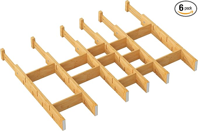 kiplant Bamboo Drawer Dividers - Adjustable Drawer Dividers for Kitchen, Clothes, Closet & Office - 6 Pack with Inserts, 18-22.6 Inches, Non-Slip Silicone Ends