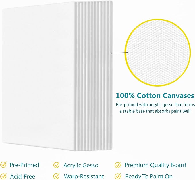 KEFF 12-Pack Bulk Canvas Boards, 9x12 Canvas for Acrylic, Oil, Watercolor, Tempera - 100% Cotton Primed Painting Canvas